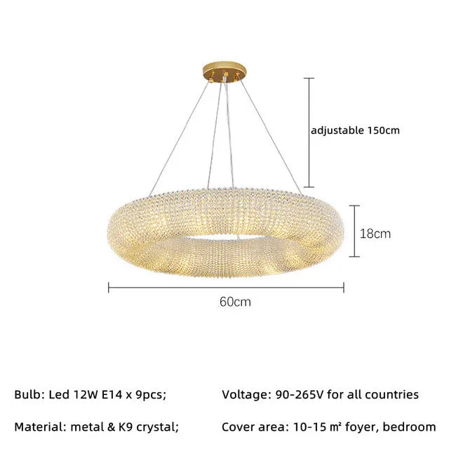 DecorBites™ Crystal Loft Chandelier: Modern Luxury Circle Pendant Lamp for Living Room Lighting