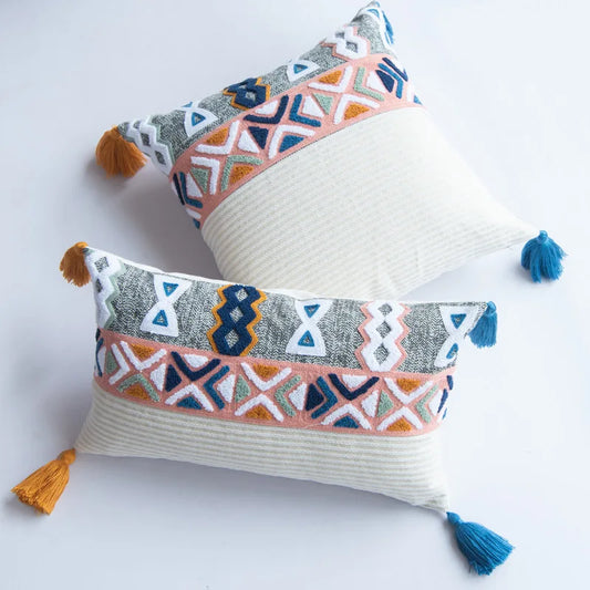 DecorBites™ Embroidered Blue Tufted Boho Pillow Cover with Tassel, Lumbar Decorative Cushion