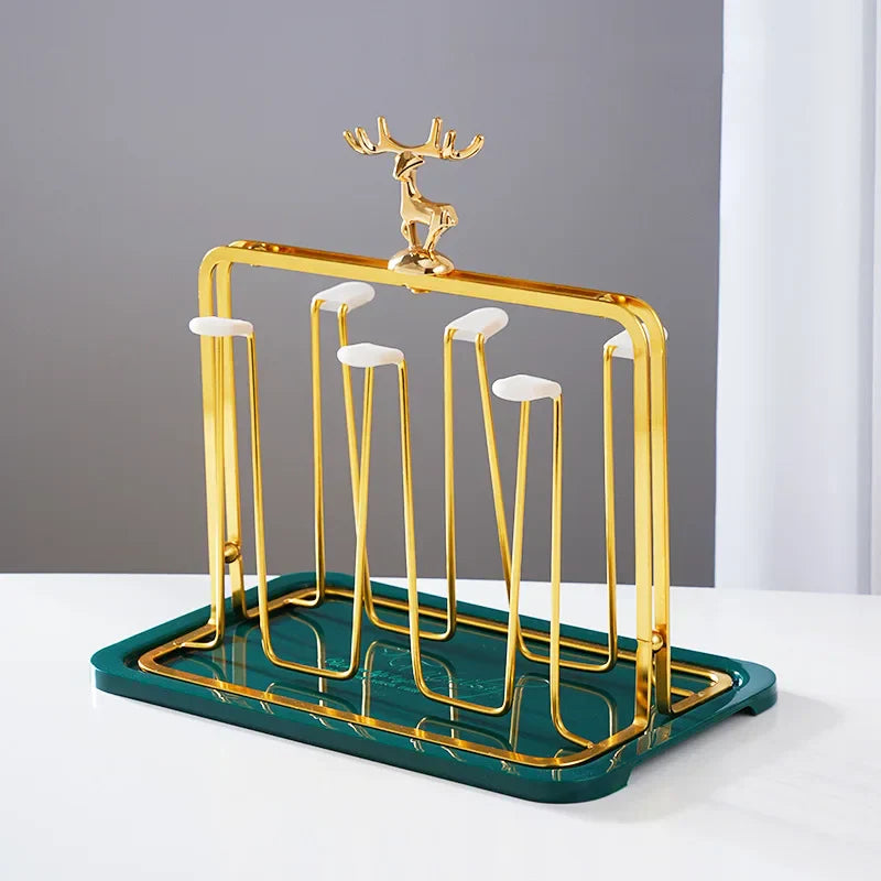 DecorBites™ Glass Storage Rack: European Metal Cup Holder with Christmas Reindeer Decor