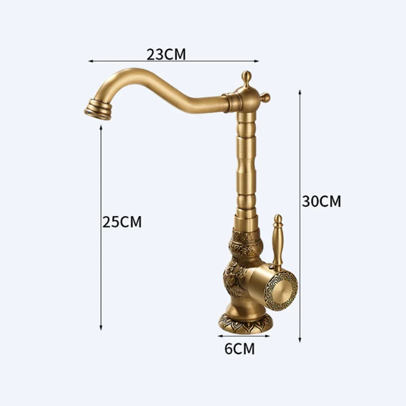 DecorBites™ Antique Carved Brass Bathroom Sink Faucet Hot & Cold Mixer Deck Mounted Tap