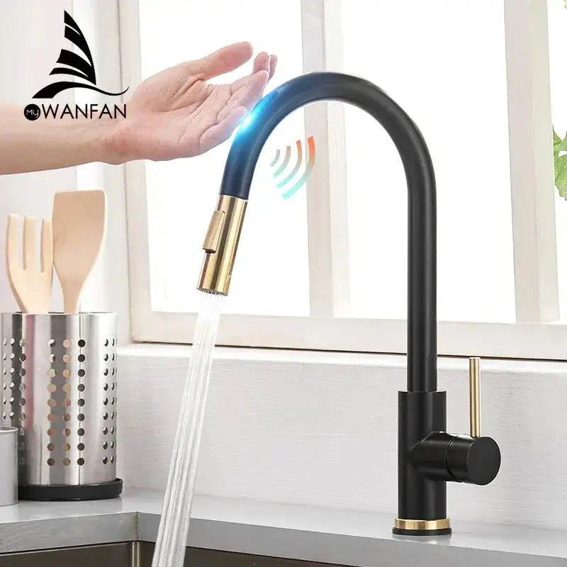 DecorBites™ Brushed Gold Smart Sensor Kitchen Faucet, Dual Outlet, Single Handle
