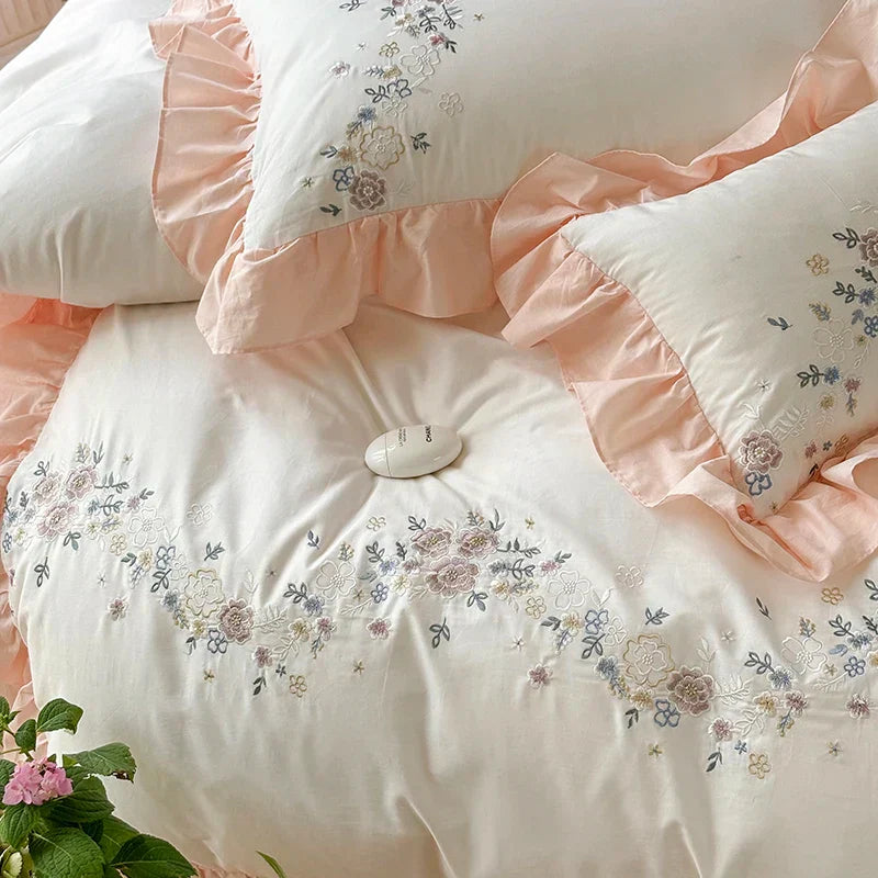 DecorBites™ Korean Princess Lace Ruffles Flowers Embroidery Bedding Set with 100% Cotton Quality.