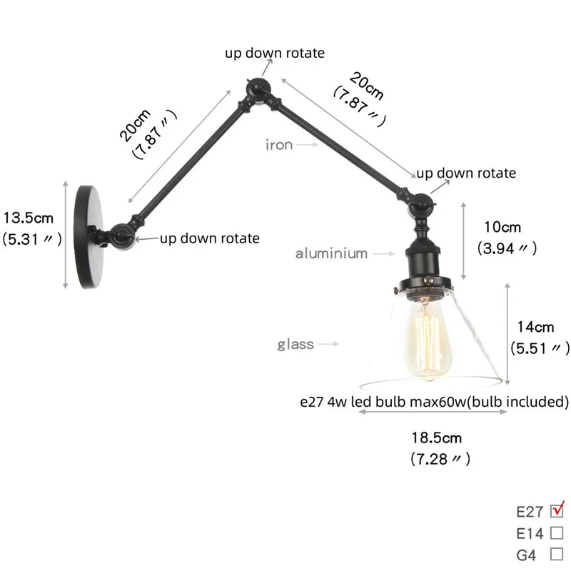 DecorBites™ Clear Glass Swing Arm Wall Light Fixture for Dining Living Room Cafe