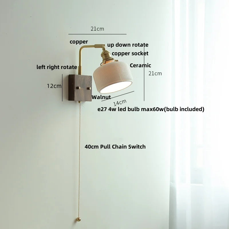DecorBites™ Ceramic LED Wall Light Fixture White Copper Walnut Ash Bedside Lamp