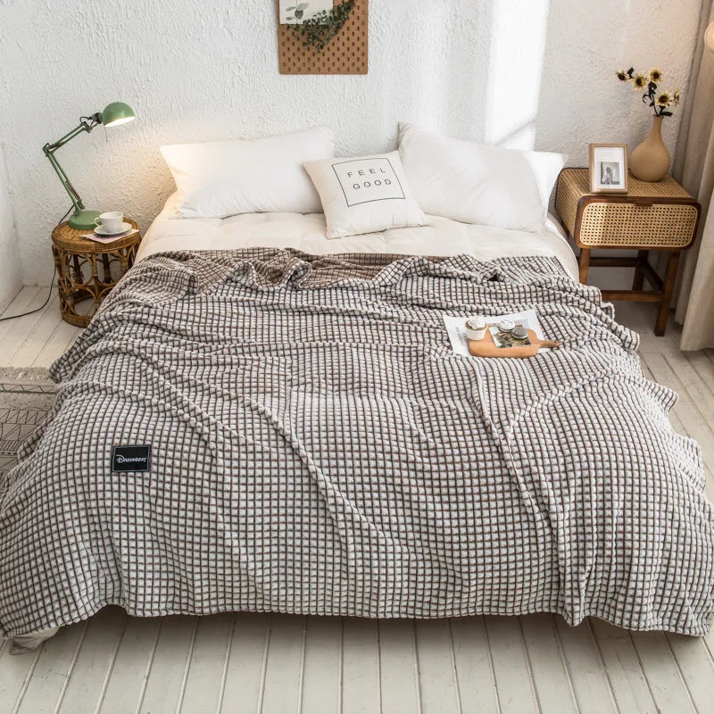 DecorBites™ Gray Plaid Coral Fleece Bed Blanket - Single/Queen/King Size Cozy Flannel Bedspread