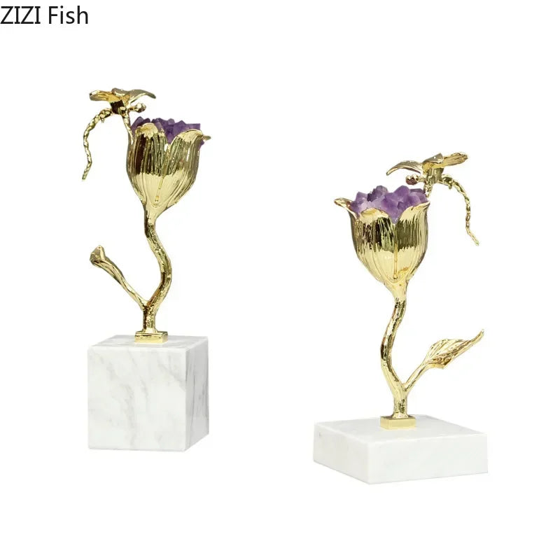 DecorBites™ Amethyst Flower Ornaments Gold-plated Dragonfly Decor Sculpture Room Decor
