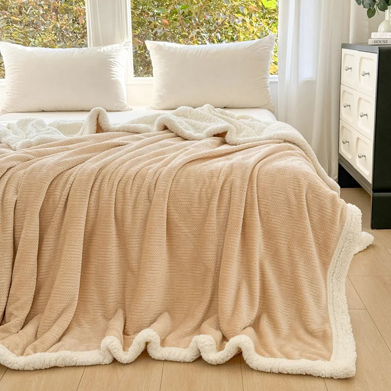DecorBites™ Double-Layer Coral Fleece Jacquard Blanket: Warm & Multi-Functional for Home & Travel