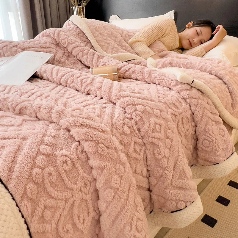 DecorBites™ Double-Layer Coral Fleece Blanket: Super Soft Queen King Quilt for Winter