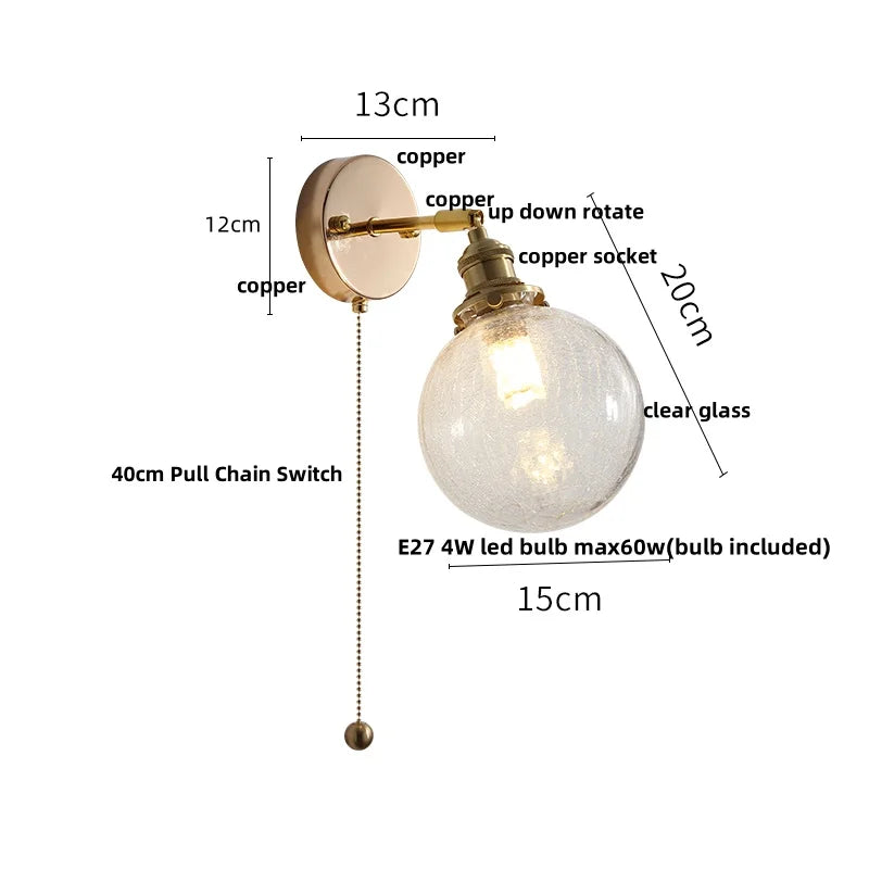 DecorBites™ Glass Base LED Wall Sconce, Pull Chain Switch, Modern Rotate Stair Light