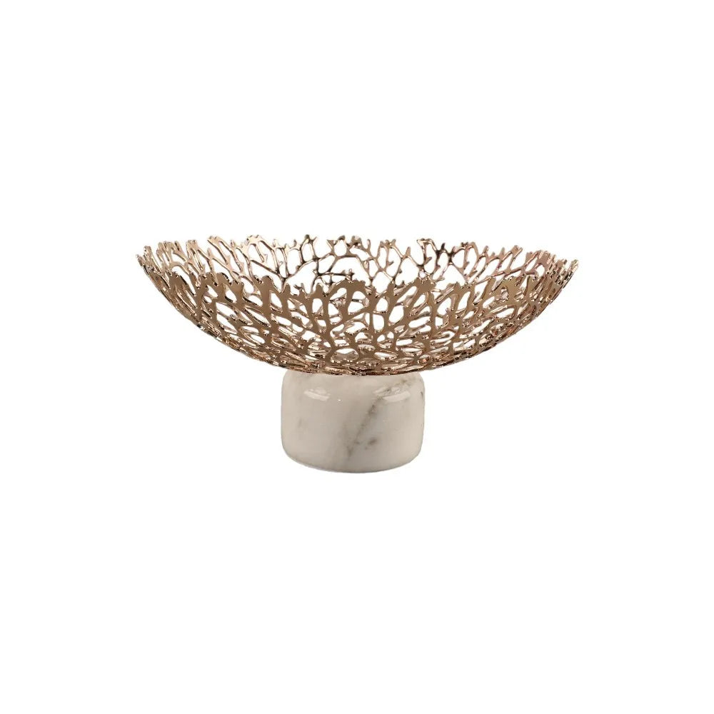 DecorBites™ Coral Disc Pedestal | Metal Tray Marble Base Fruit Plate Gold Compote