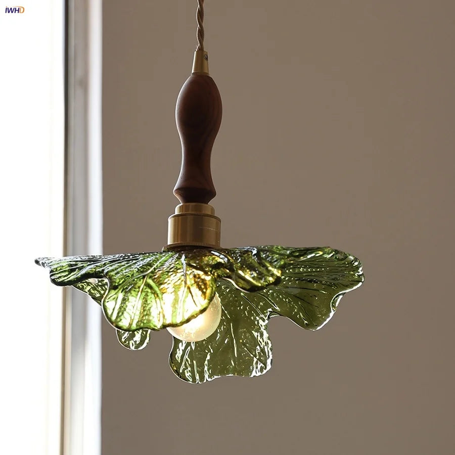 DecorBites™ LED Pendant Lights Green Glass Copper Socket with Walnut Wood - Nordic Modern