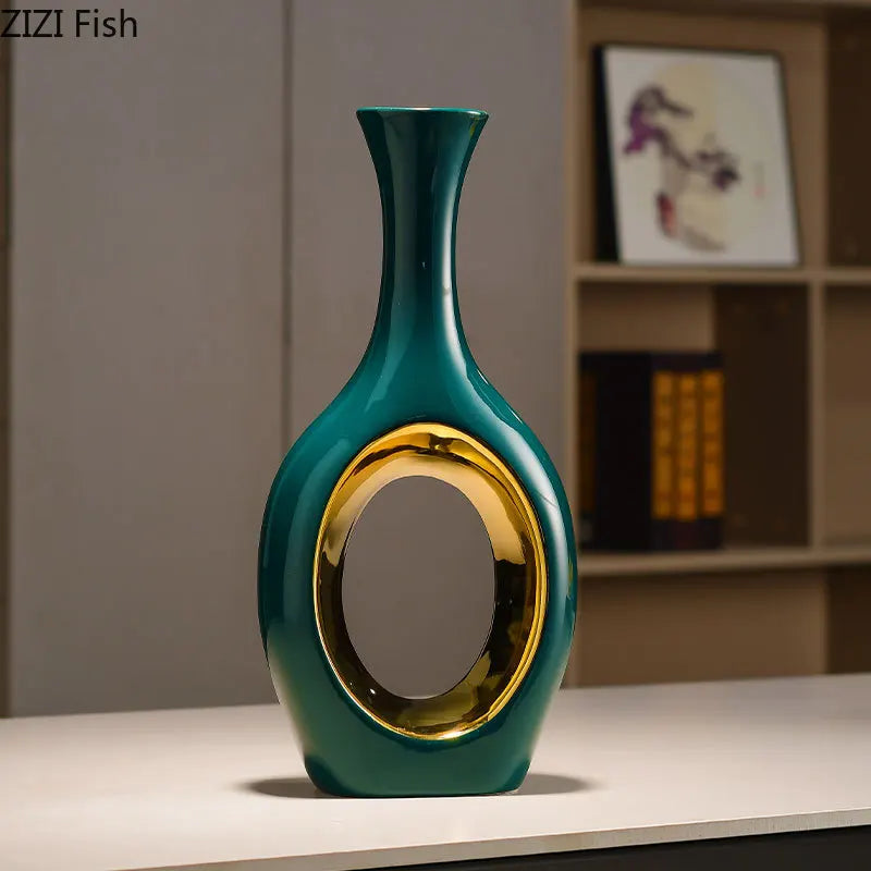 DecorBites™ Gold Ceramic Vase with Artificial Flowers for Elegant Room Decor