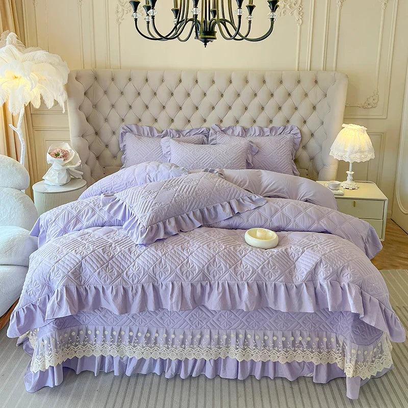 DecorBites™ Korean Princess Style Quilted Bedding Set with Lace Ruffles 200x230cm