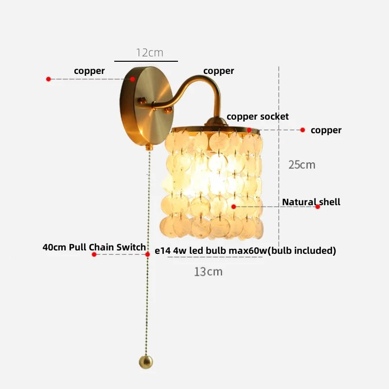 DecorBites™ Conch Copper LED Wall Light Fixture with Pull Chain Switch
