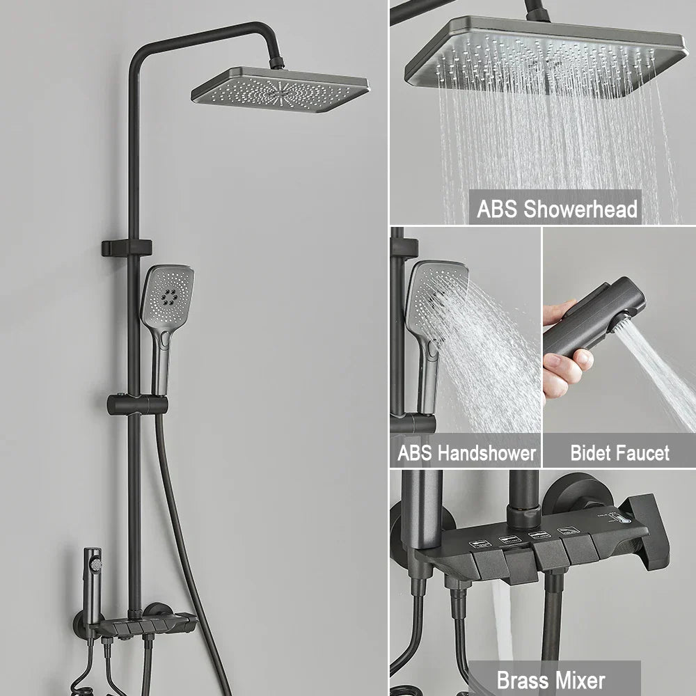 DecorBites™ Black Piano Digital Shower System with Intelligent Brass Faucets and White Rainfall Shower