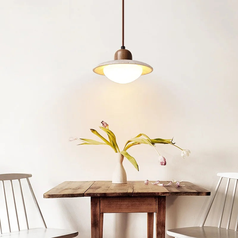 DecorBites™ LED Pendant Lights Yellow Travertine Wood Hanging Lamp for Bedroom Dining Room