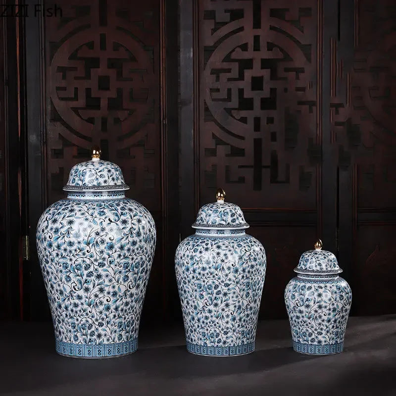 DecorBites™ Blue White Ceramic Enamel General Jar Tea Canister Desk Flower Texture Pot