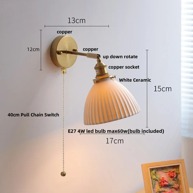 DecorBites™ Copper Wall Light Fixture Bedroom Bedside Sconce White Ceramic Lamp