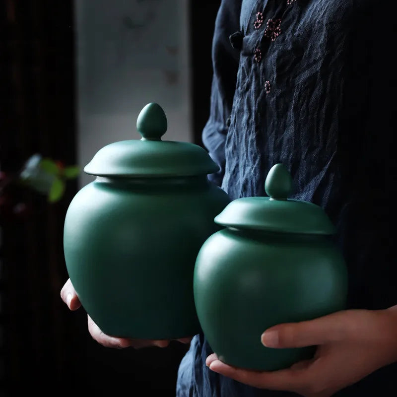 DecorBites™ Green Ceramic Tea Caddy Jar: Airtight Porcelain Storage Container, Kitchen Decoration Bottle