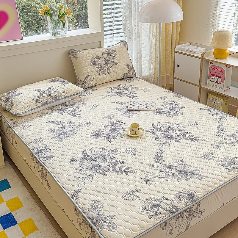 DecorBites™ Cool Silk Latex Fitted Sheet Set with Pillowcases, Summer Ice Silk, Single Double Bed