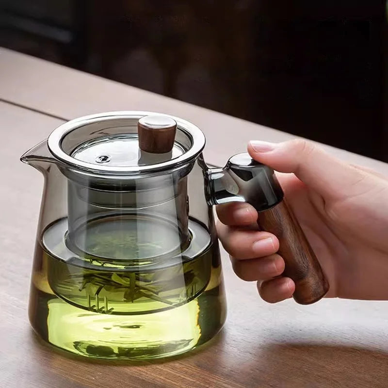 DecorBites™ Glass Tea Set with Wooden Handle Teapot on Retro Glass Tray