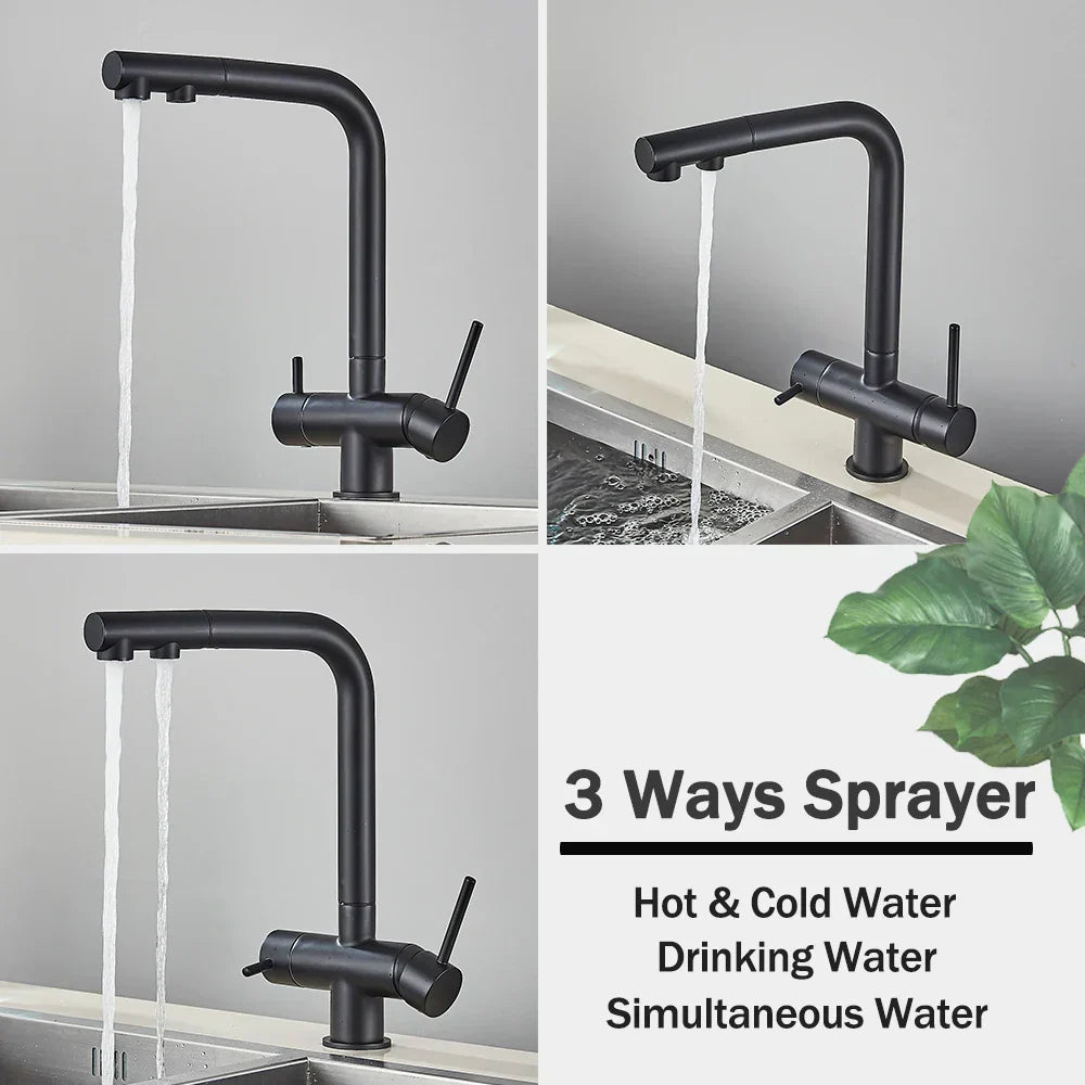 DecorBites™ Black Pull Out Water Purifier Faucet: 2-in-1 Hot Cold Mixer Tap