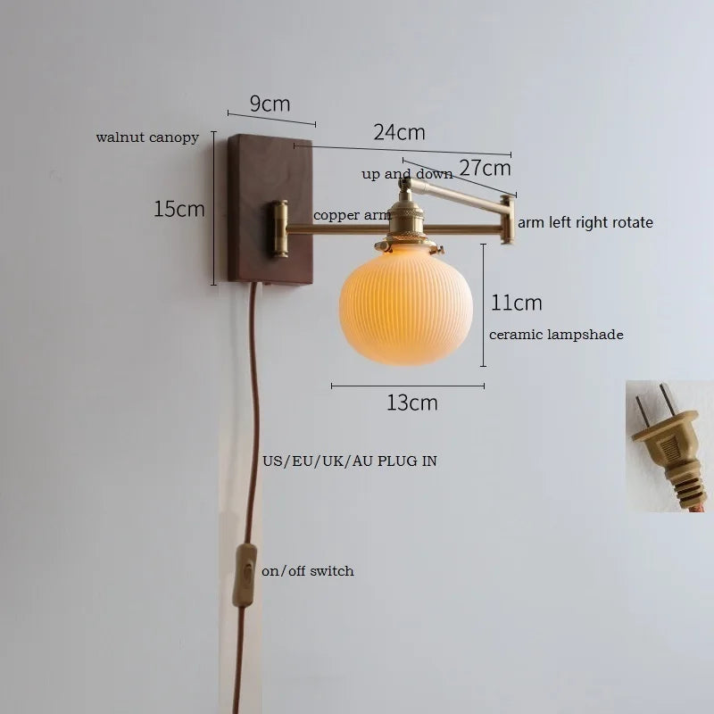 DecorBites™ Copper Arm LED Wall Sconce Switch Light, Adjustable Lampshade, Pull Chain, Beside Lamp