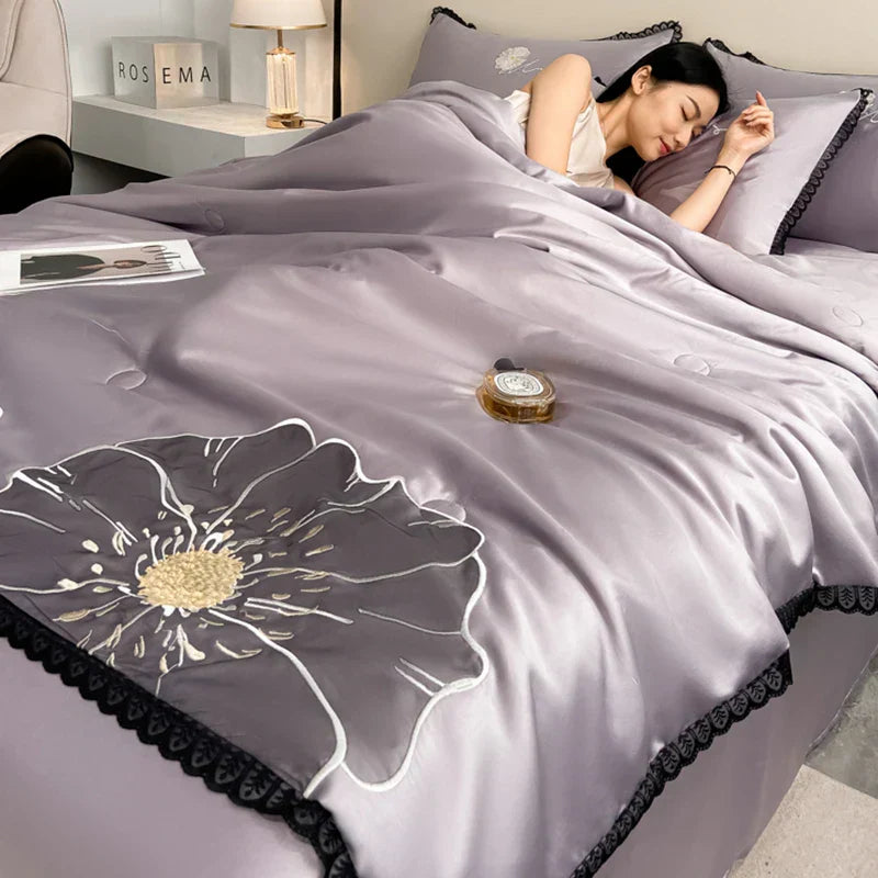 DecorBites™ Luxe Flower Embroidered Cool Quilt Set - Lightweight, Silky, High-End Comfort