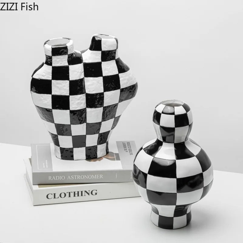DecorBites™ Black White Check Vase Modern Crafts Room Decor Irregular Shaped Desk Decoration