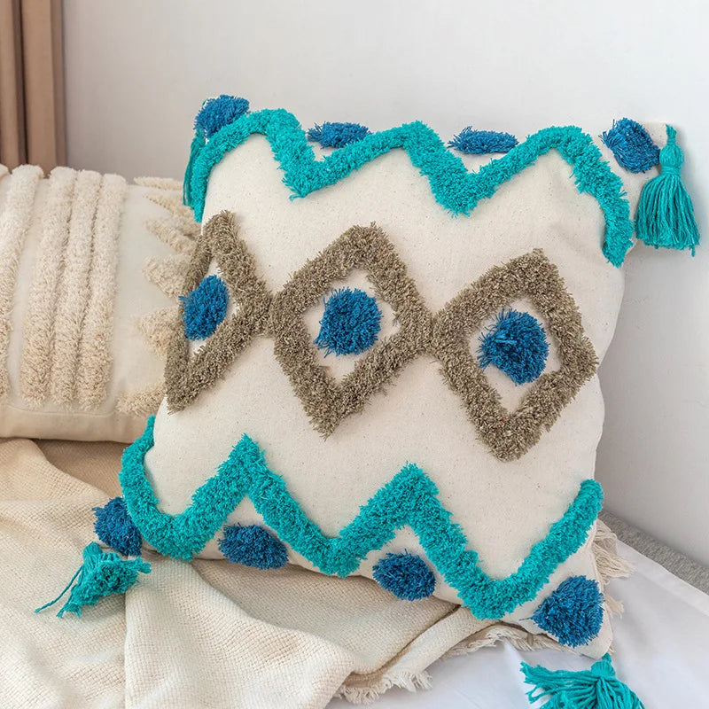 DecorBites™ Boho Square Pillowcase with Embroidery & Tassel Detail for Living Room Sofa