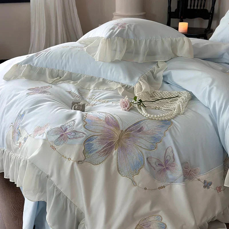 DecorBites™ Butterfly Embroidery Lace Ruffles Bedding Set 100S Egyptian Cotton Duvet Cover