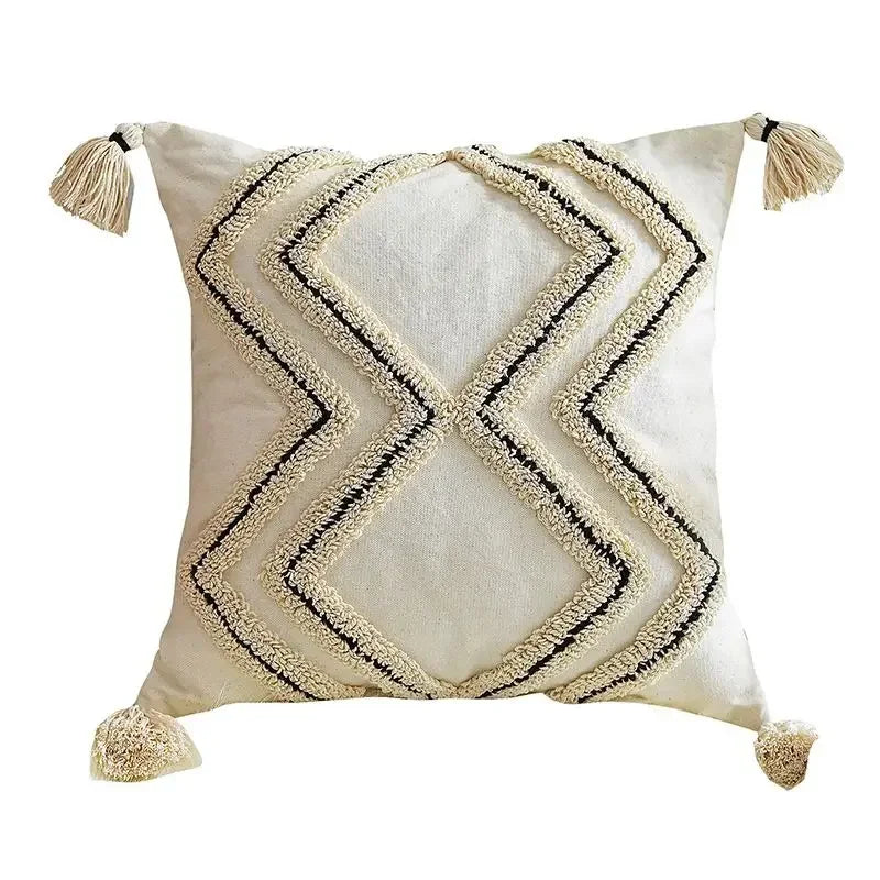DecorBites™ Geometric Tufted Tassel Cushion Cover Cotton Canvas Fall Pillow Cover