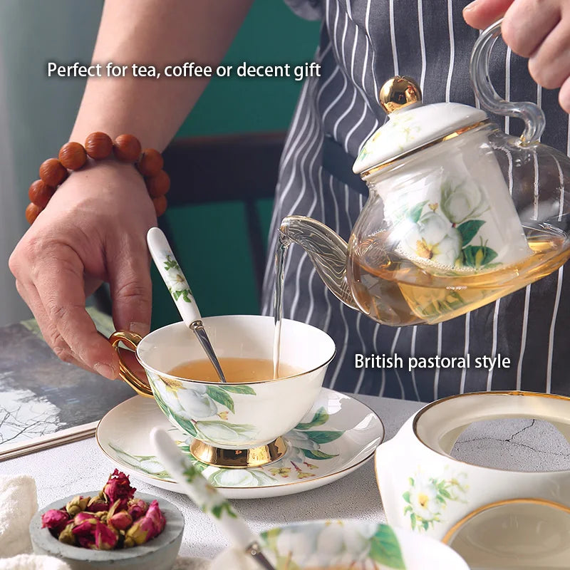 DecorBites™ Camellia Floral Tea Set Bone China Glass Teapot & Ceramic Teacup Pot Strainer