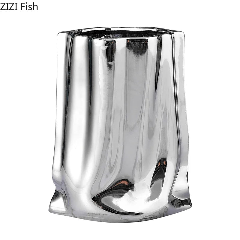 DecorBites™ Gold Plated Pleated Texture Ceramic Vase for Desk Decor and Flower Arrangements