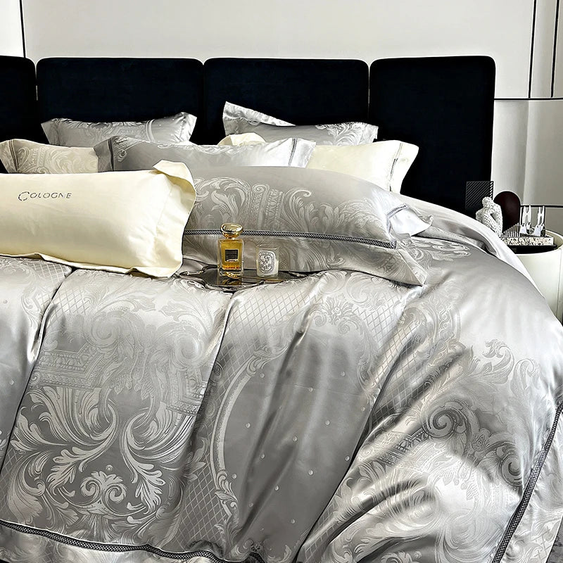 DecorBites™ Brocade Satin Jacquard Egyptian Cotton Bedding Set, Luxury Silky Duvet Cover, Bed Sheet, Pillowcase