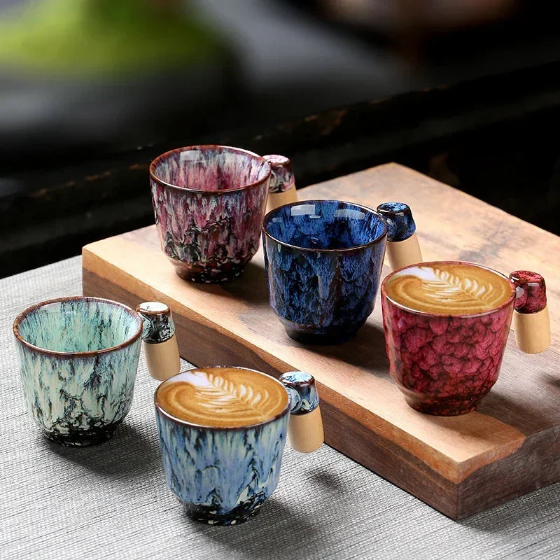 DecorBites™ Ceramic Latte Mug with Wooden Handle for Coffee and Tea Menstruum