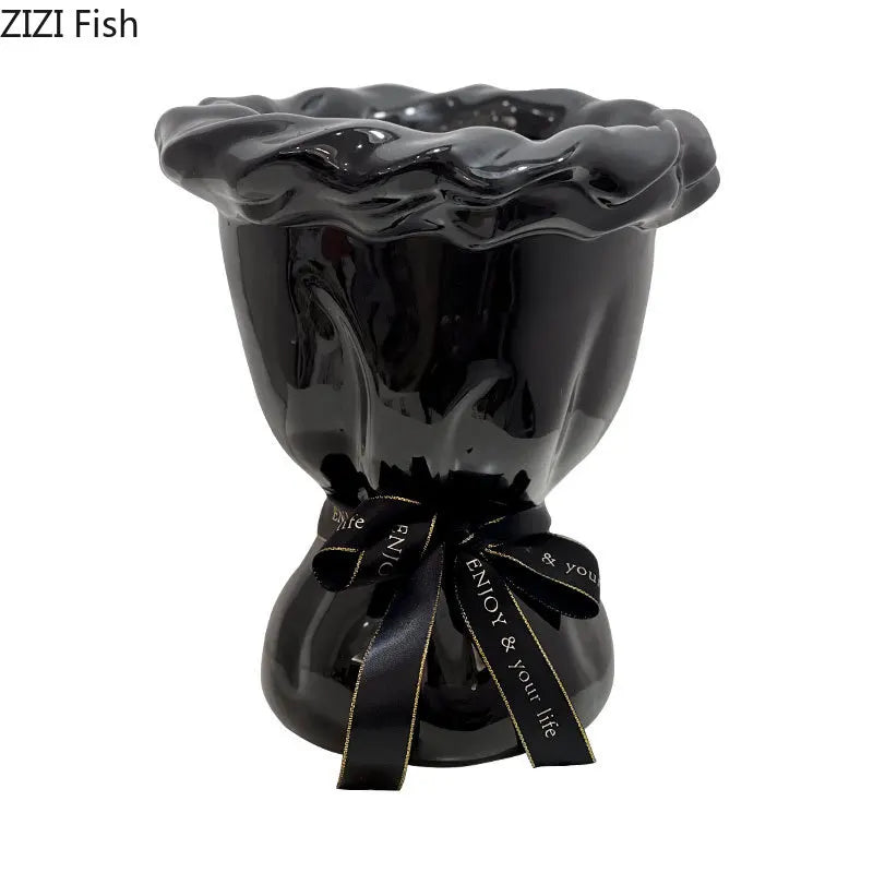 DecorBites™ Ceramic Vase with Artificial Flowers Bouquet for Desk and Room Decoration