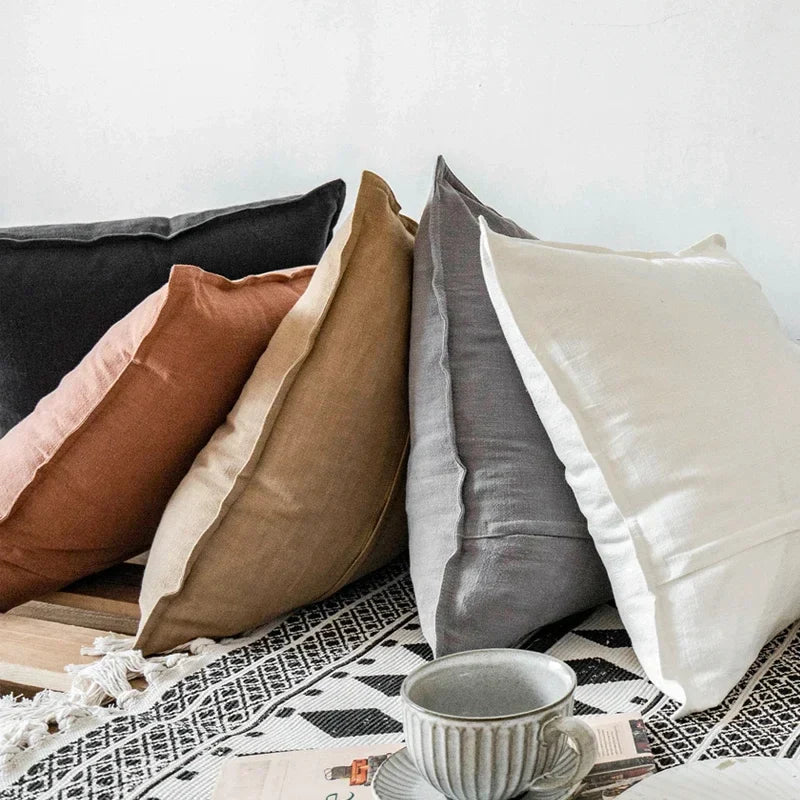 DecorBites™ Linen Pillow Cover 45x45cm with Fringe in Ivory/Dark Grey/Coffee for Home Decor
