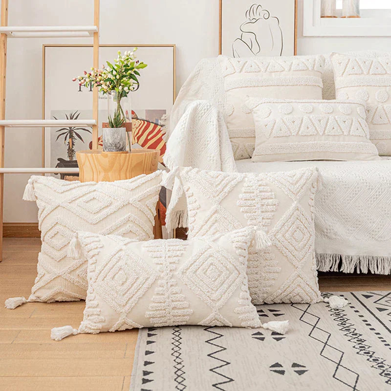 DecorBites™ Cotton Tassels White Cushion Covers 45x45/30x50cm - Square Geometry Pillowcase