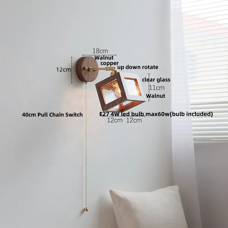 DecorBites™ Clear Glass LED Wall Sconce Walnut Wood Bedroom Living Room Modern Fixture