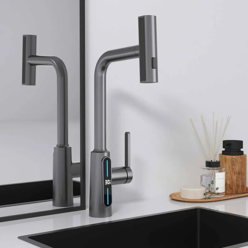 DecorBites™ Brass Kitchen Faucet Pull Out Mixer Tap in White Gray