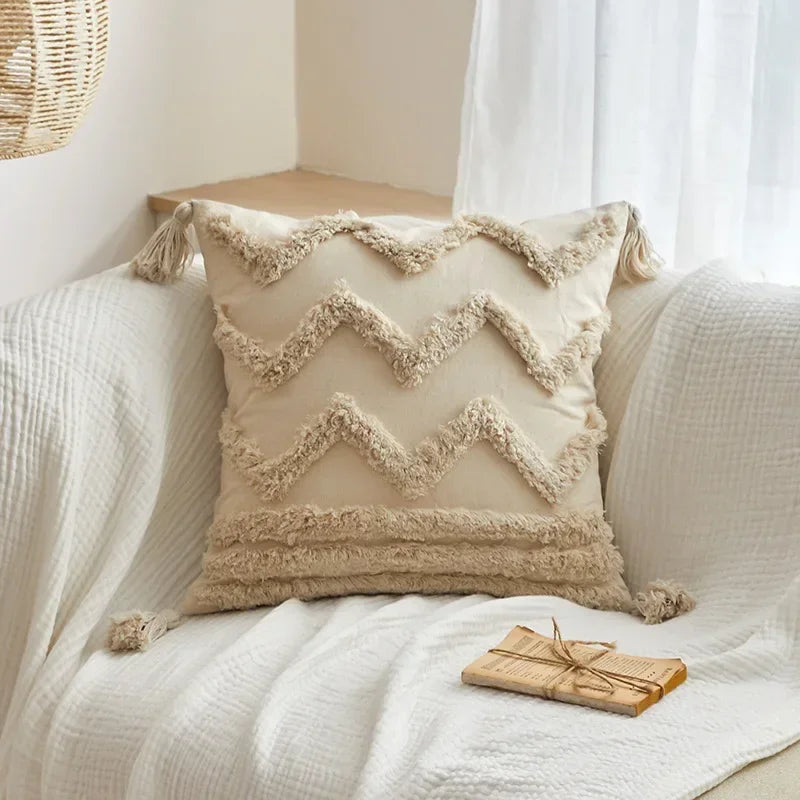 DecorBites™ Geometric Tufted Tassel Cushion Cover Cotton Canvas Fall Pillow Cover