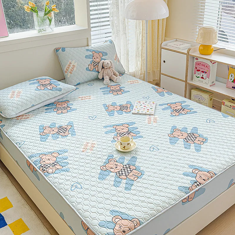 DecorBites™ Cool Silk Latex Fitted Sheet Set with Pillowcases, Summer Ice Silk, Single Double Bed