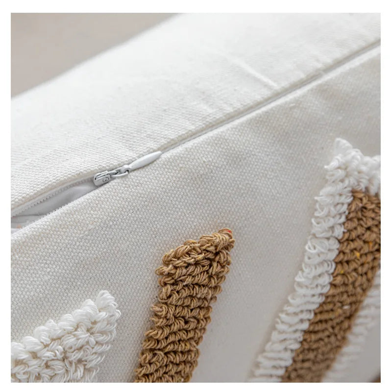 DecorBites™ Geometric Cotton Embroidered Pillow Case with Tufted Fringe, Decorative Sofa Cushion Cover