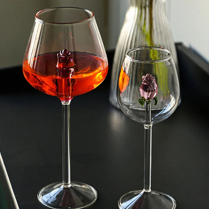 DecorBites™ 3D Pink Glass Rose Wine Goblets Set - Lovely Household Gift