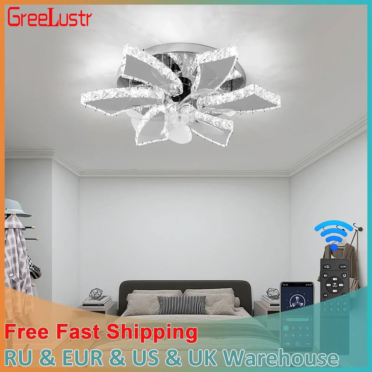 DecorBites™ Crystal Ceiling Fan: LED Remote Control Chandelier for Bedroom & Living Room