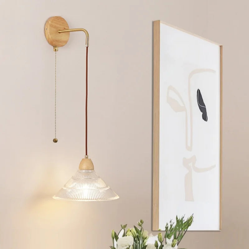 DecorBites™ Clear Glass LED Wall Lights with Wood Pull Chain Switch - Modern Copper Stair Light