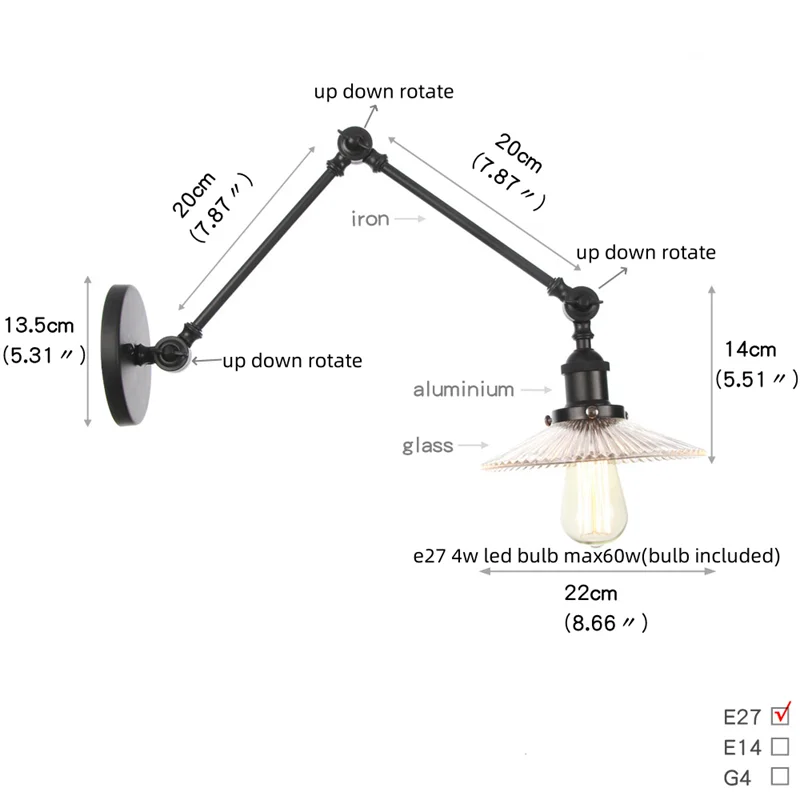 DecorBites™ Industrial Loft Swing Arm Wall Sconce Clear Glass Pull Chain Switch Bedside Lamp