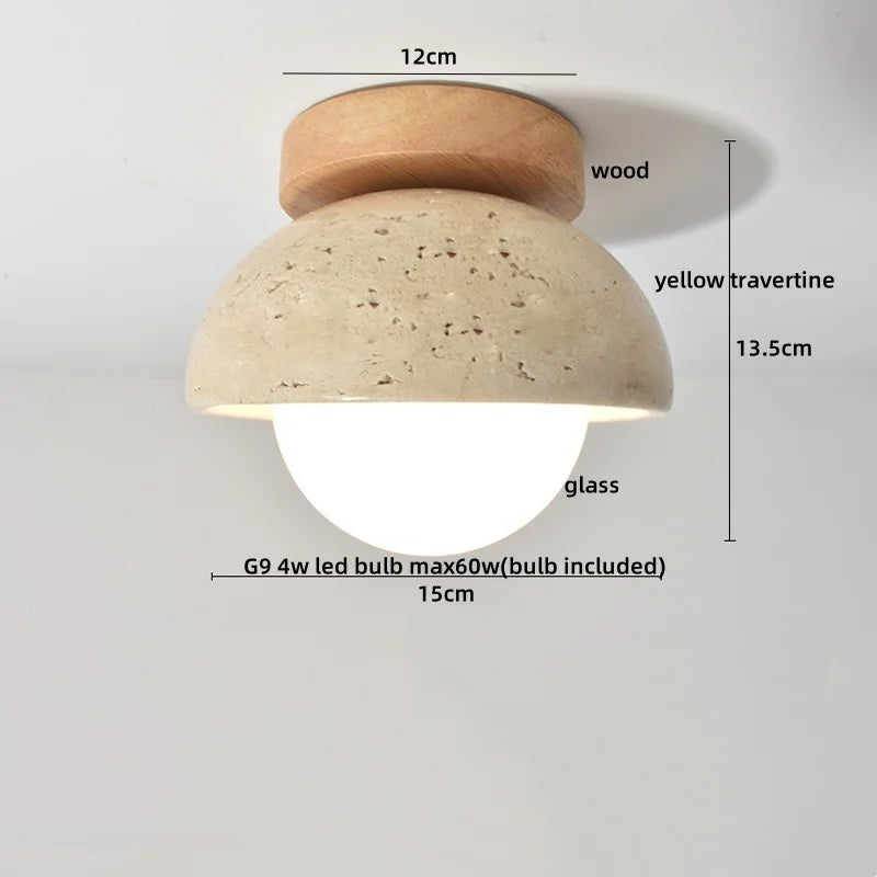 DecorBites™ Acrylic LED Ceiling Lamp Yellow Travertine Wood Canopy Wabi Sabi Style