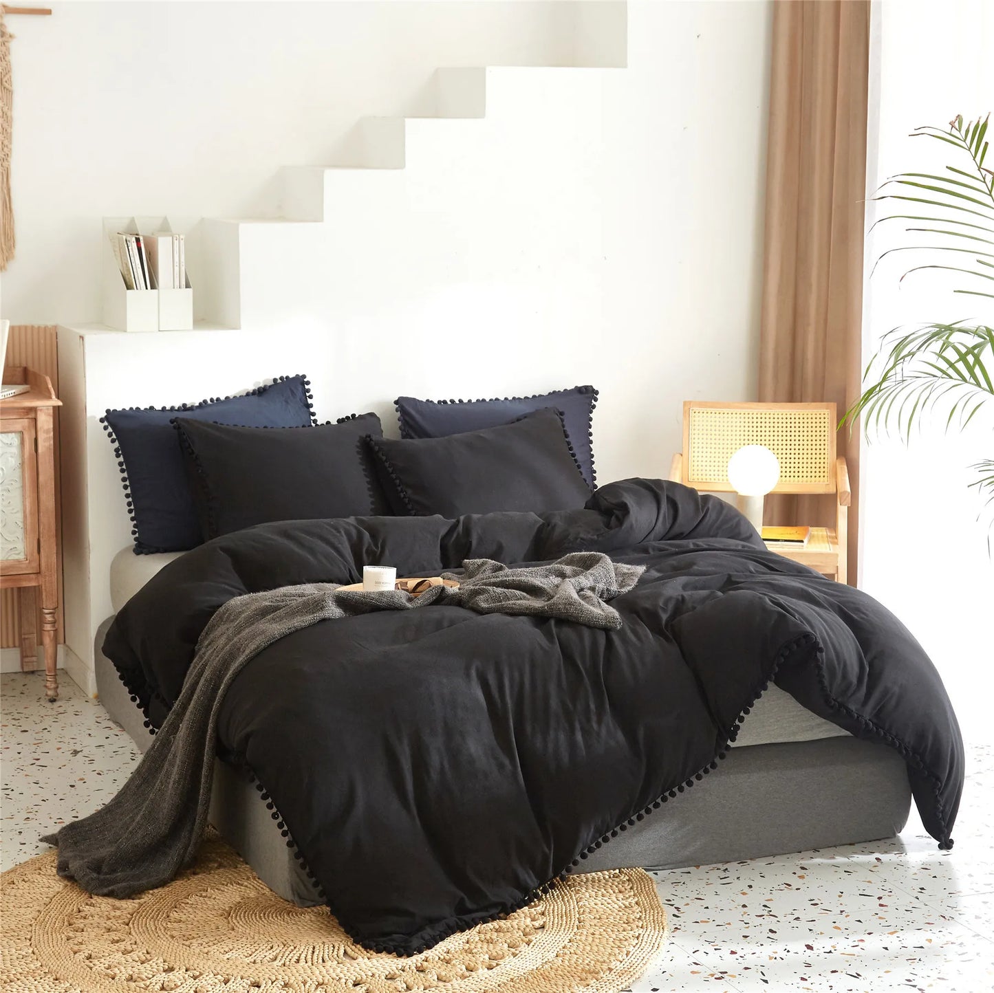 DecorBites™ Luxe Furball Tasseled Yellow Bedding Set Queen/King Size Duvet Cover & Soft Bed Cover Sets